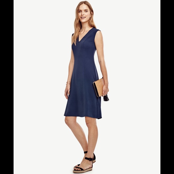 Ann Taylor V-Neck Flare Dress in Blue - Picture 1 of 9